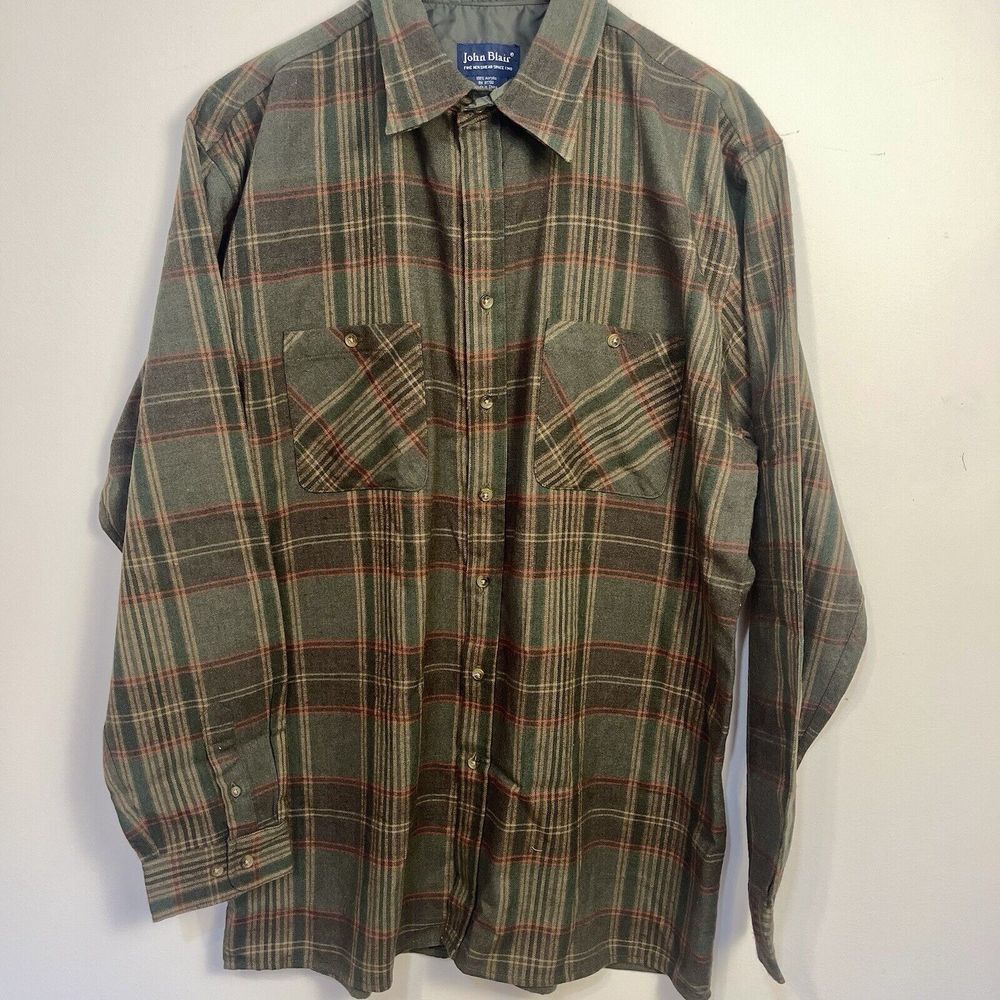 John‎ Blair Men's Shirt Flannel Vtg L Tall Gray Green Plaid Long Sleeve Acrylic